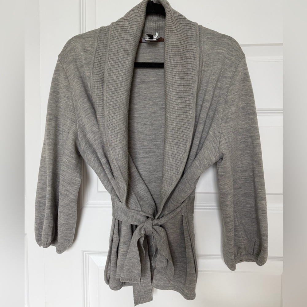 Gray Knit Cardigan with Tie Waist